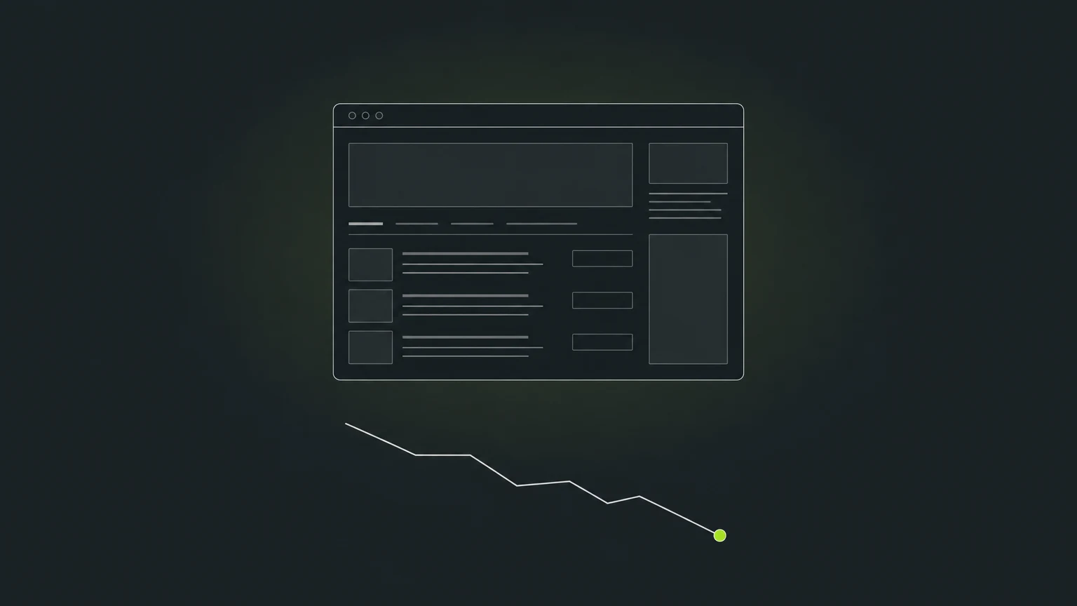 Mockup de una web con las visitas en una gráfica descendente
