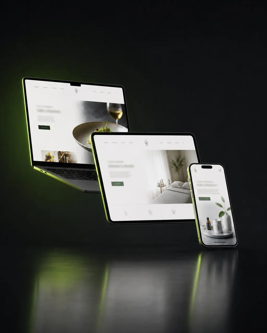 Portátil, tablet y móvil mostrando webs de distintos negocios diseñadas por Grafika Studio 360